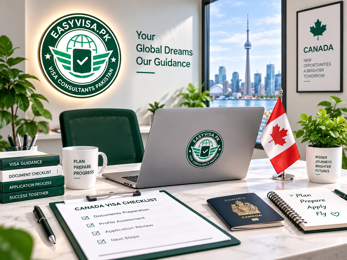 Canada visa preparation workspace with laptop, passport and EasyVisa planning support