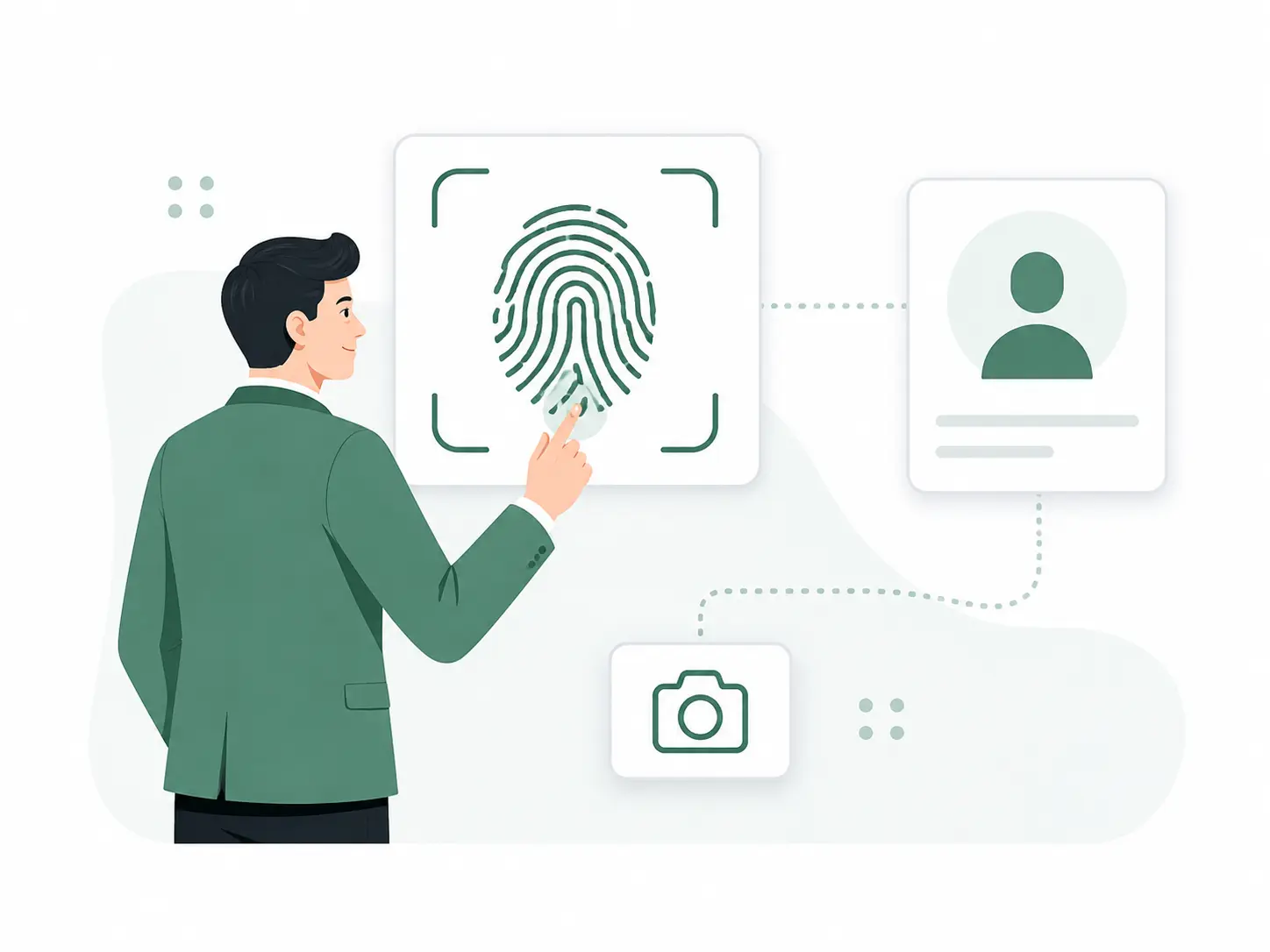 Illustration of Canada biometrics appointment with fingerprint scan and passport photo