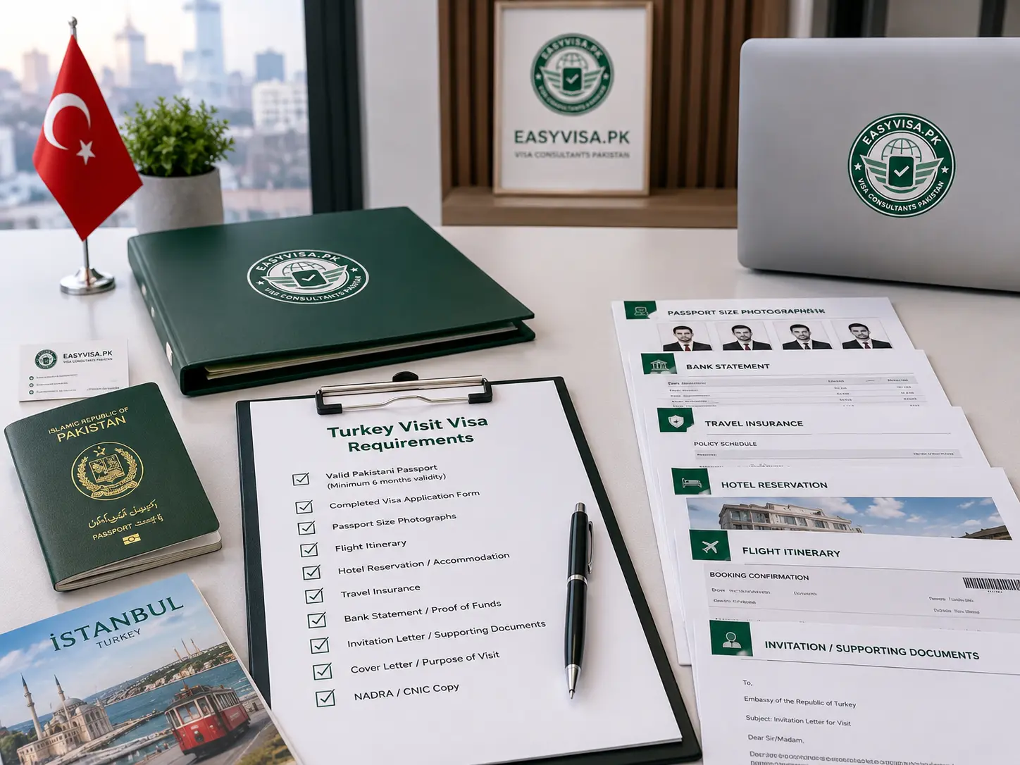 Turkey visit visa document preparation with Pakistani passport, organized visa documents and checklist