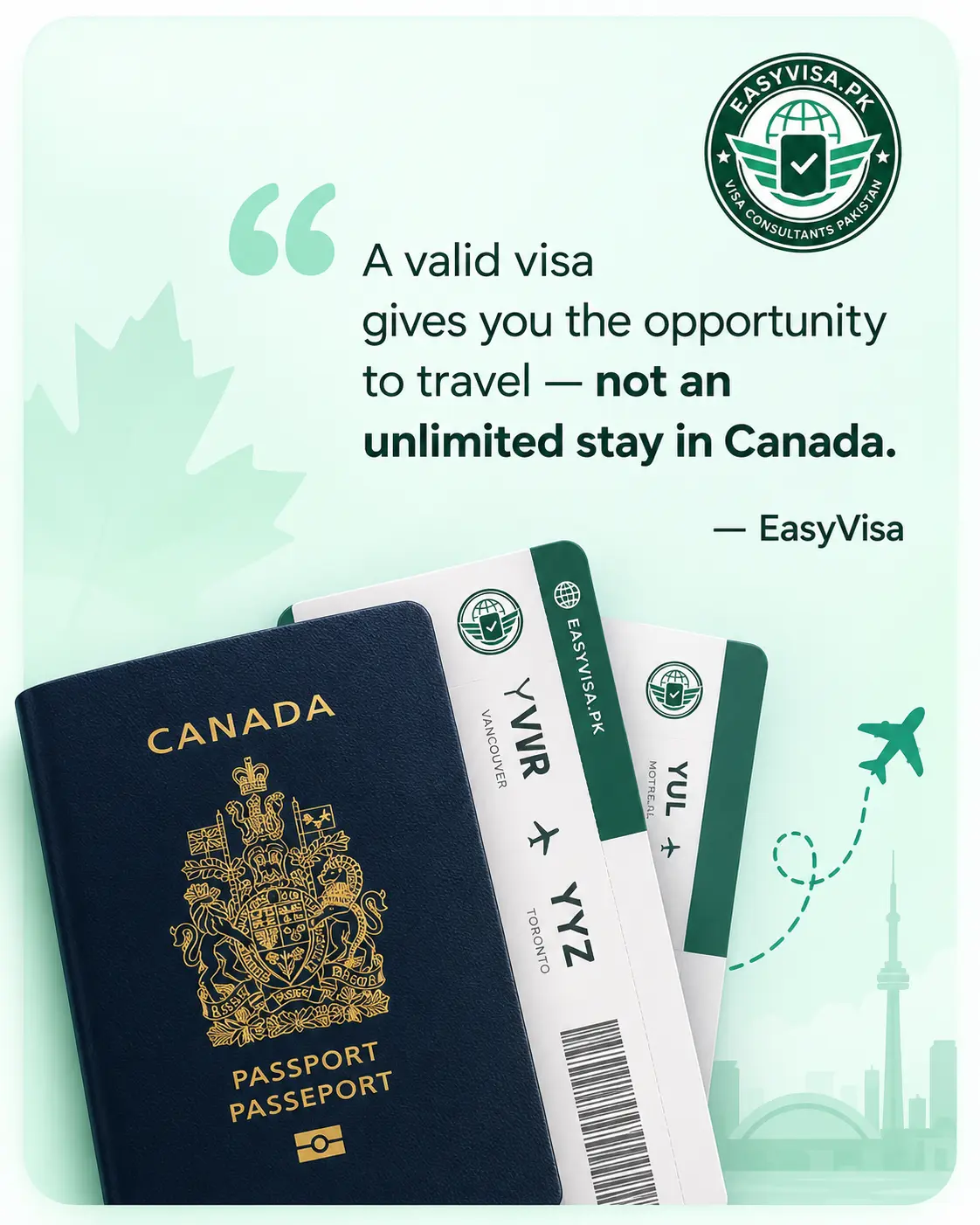 Canada passport and travel documents used to explain visitor visa validity