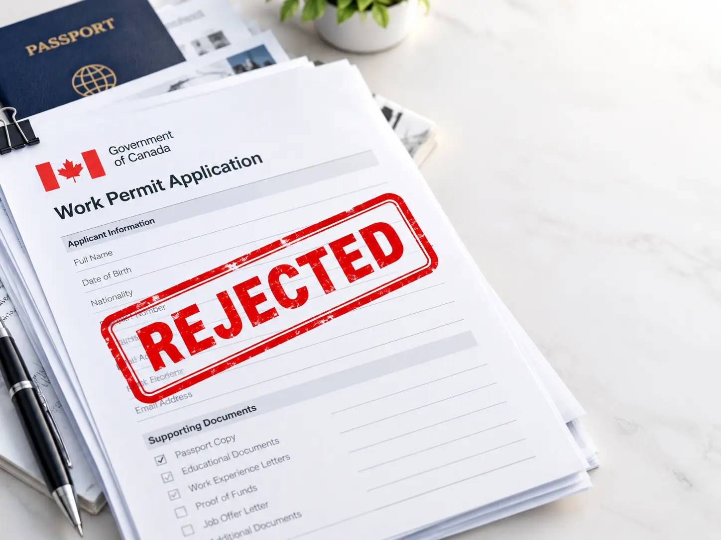 Rejected visa application documents with a red rejected stamp