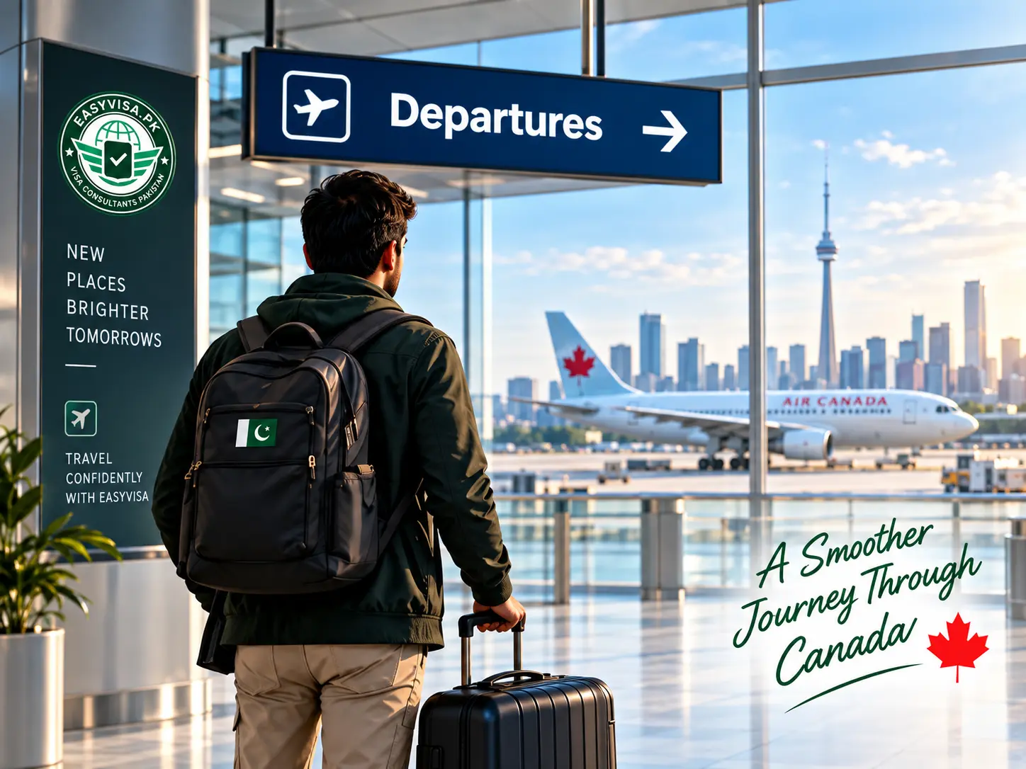 Pakistani traveler at a Canadian airport terminal planning a transit journey