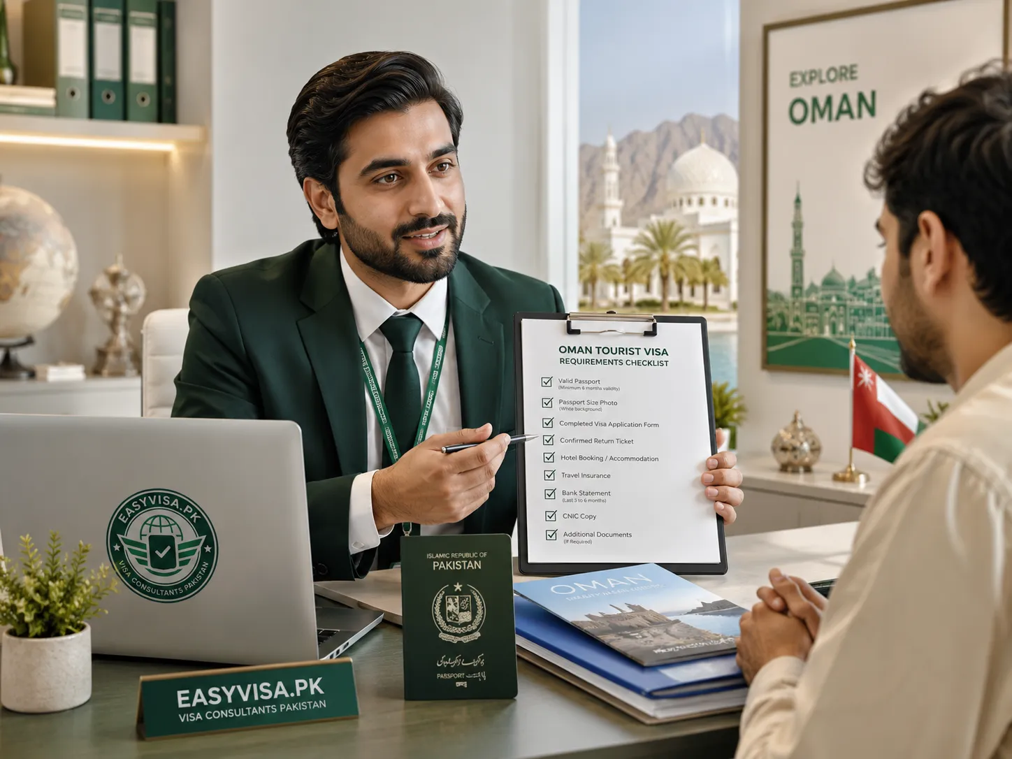 EasyVisa consultant reviewing Oman tourist visa requirements checklist with a Pakistani applicant