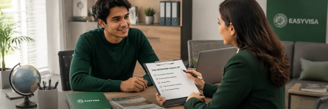 EasyVisa consultant reviewing a visa interview checklist with a Pakistani student