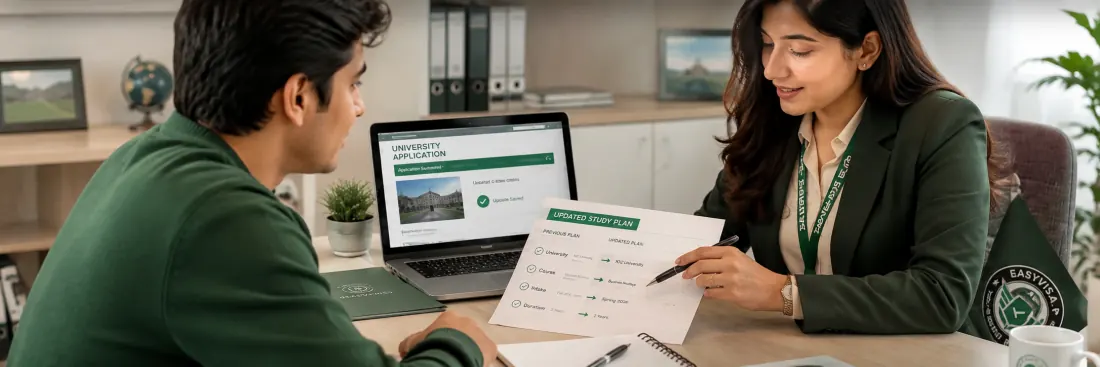 EasyVisa consultant reviewing an updated study plan with a Pakistani student