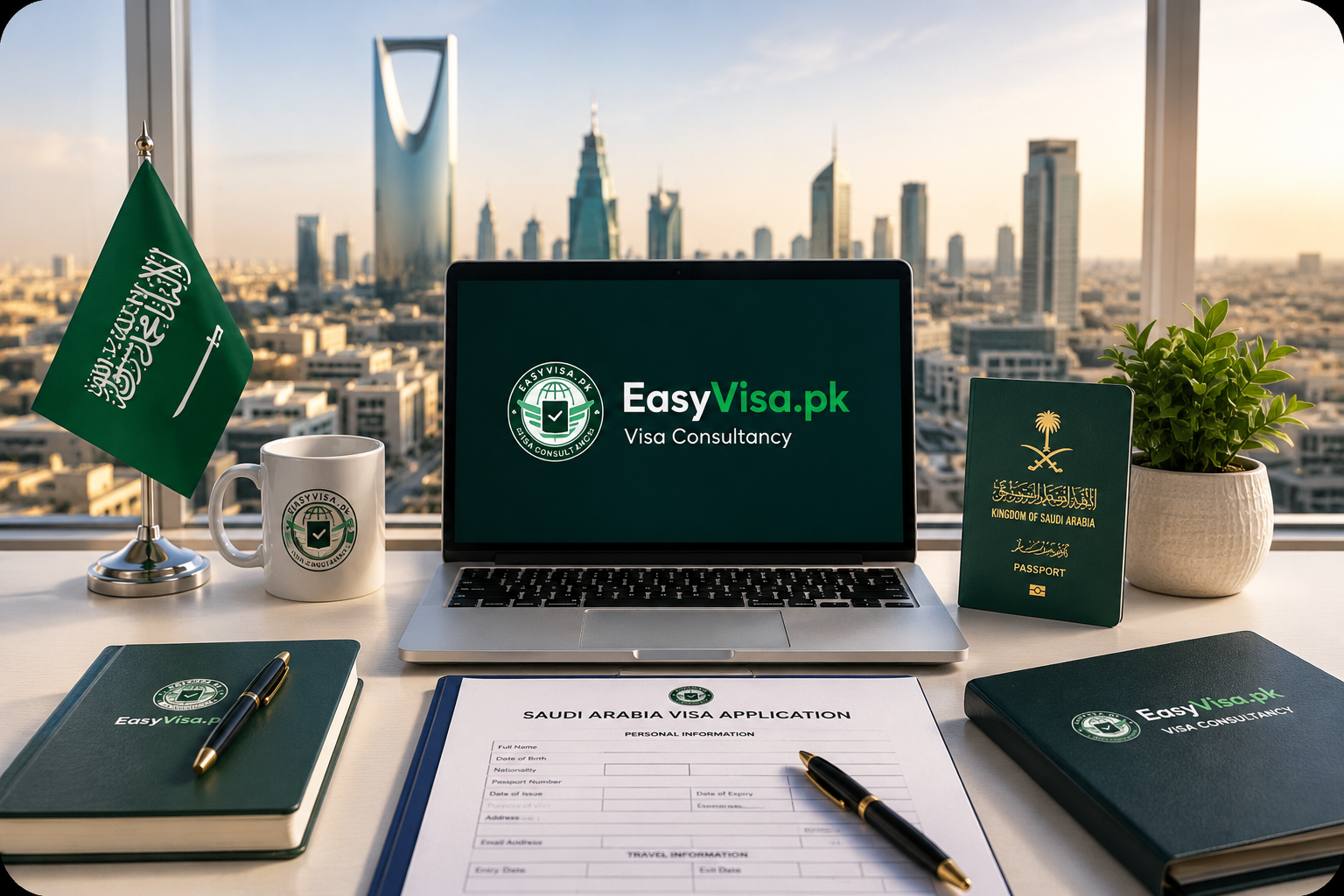 EasyVisa Saudi Arabia visa consultancy desk with application form, passport and Riyadh skyline