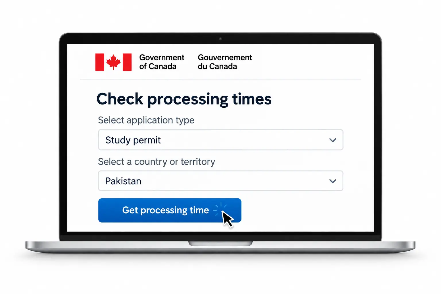 IRCC processing time tool on a laptop showing study permit options for Pakistan