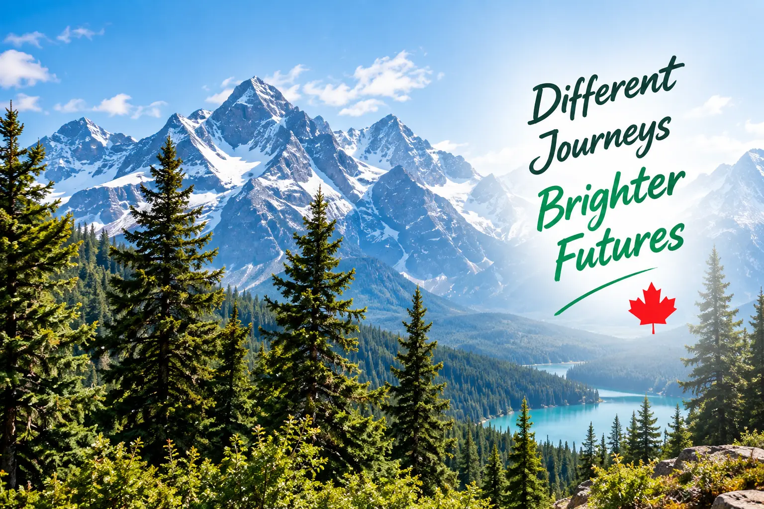 Snow-capped Canadian mountains and evergreen forest
