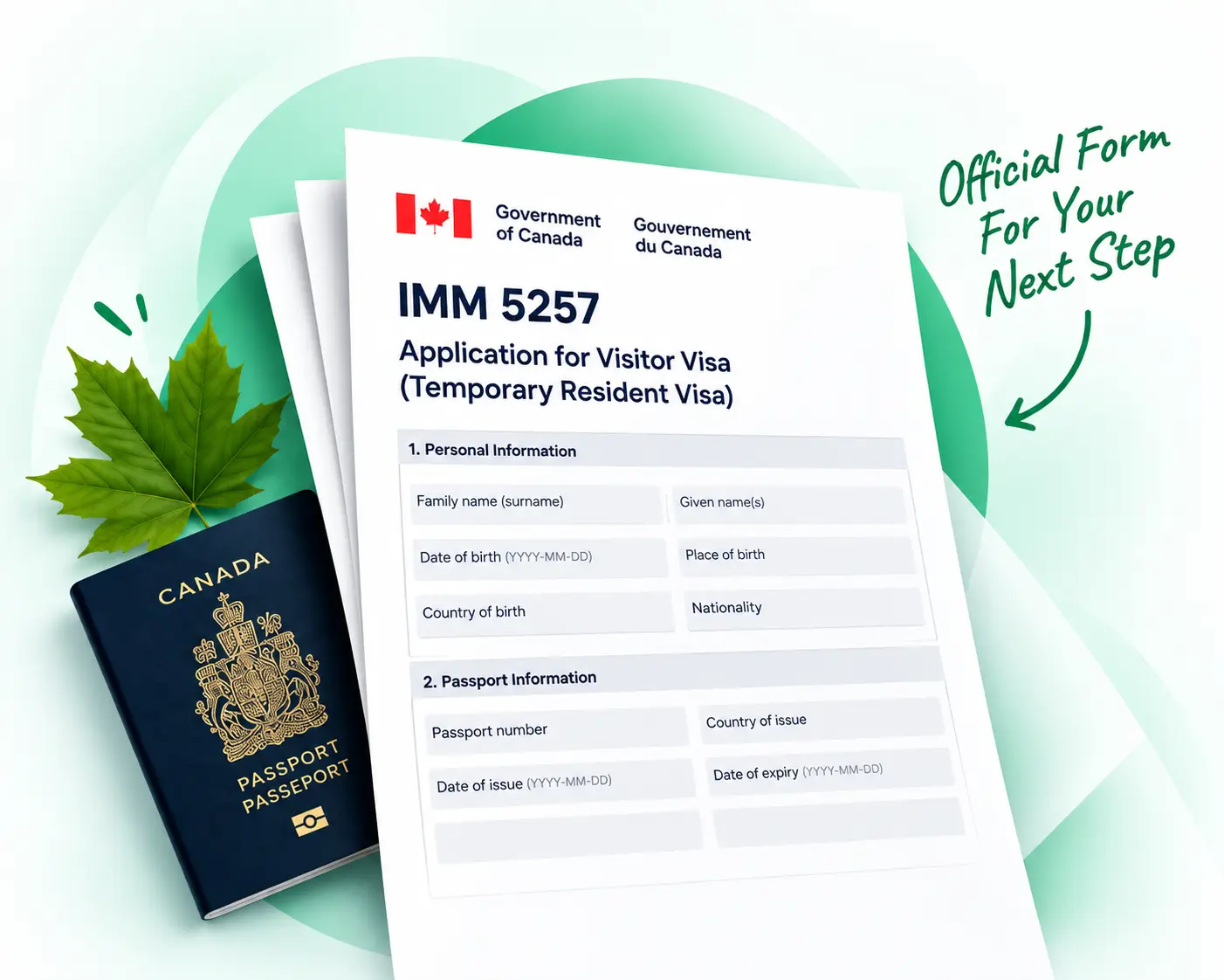 IMM 5257 official Canada visitor visa form with passport