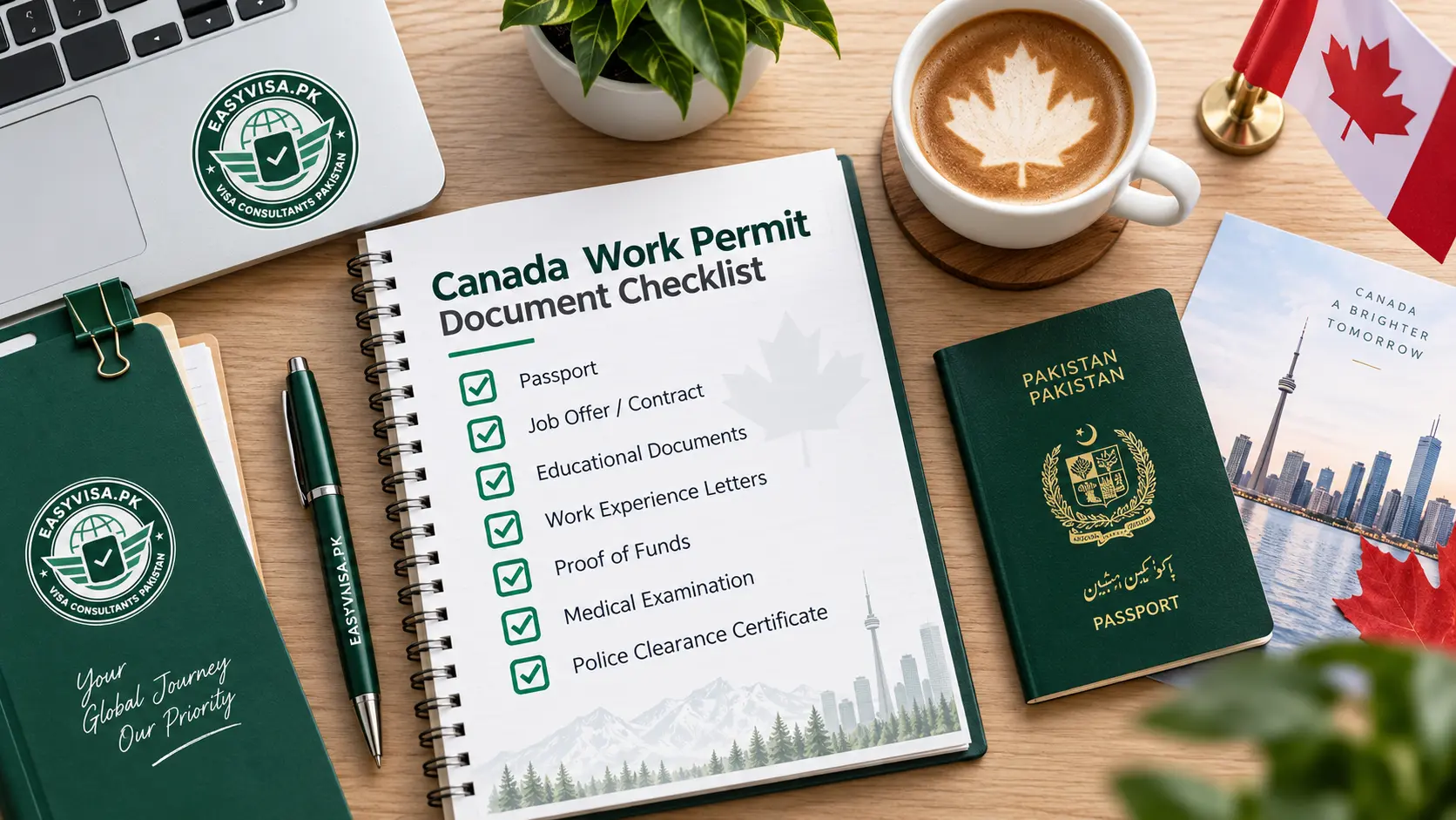 Canada work permit document checklist with passport, coffee and workspace setup
