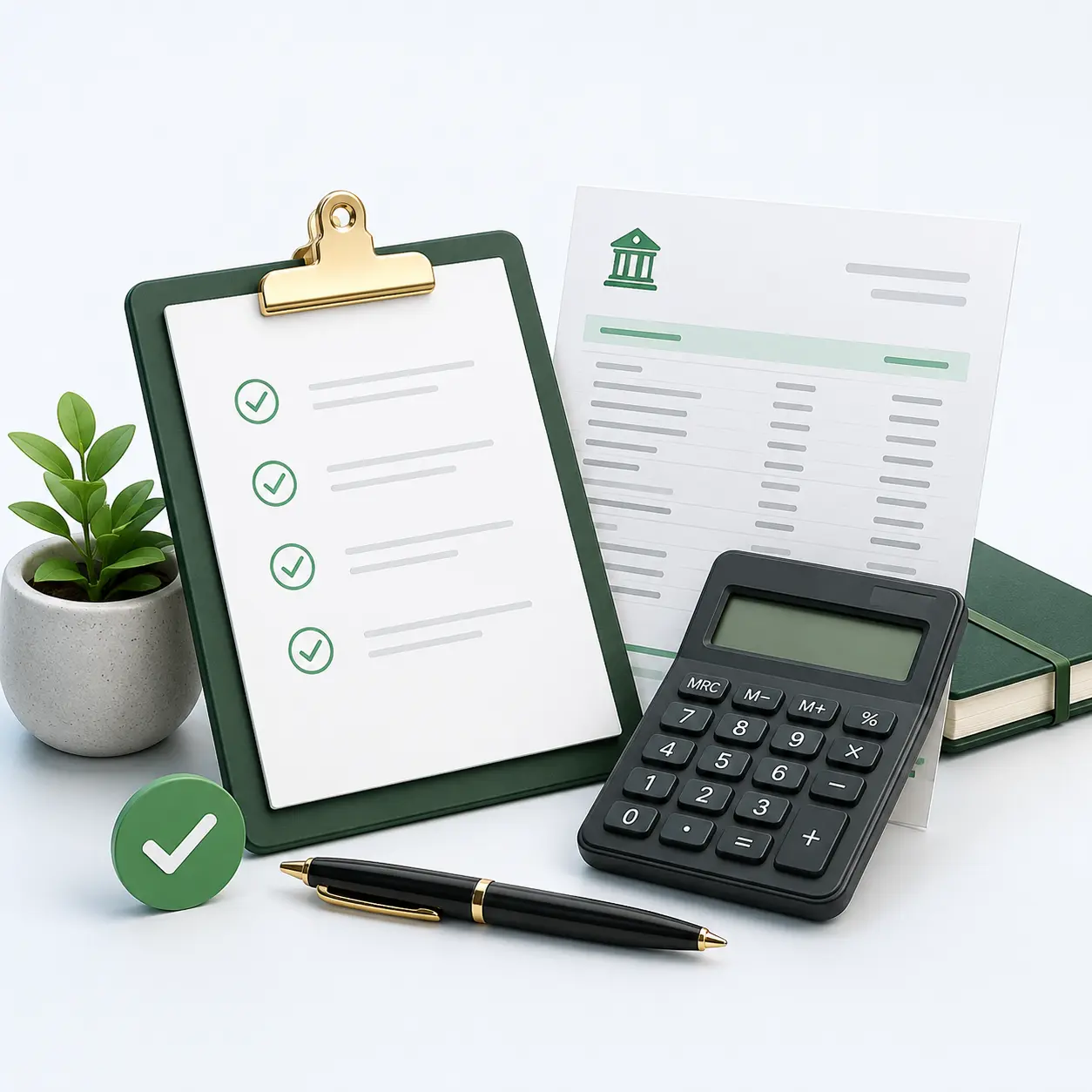 Financial profile assessment illustration with bank statement and calculator