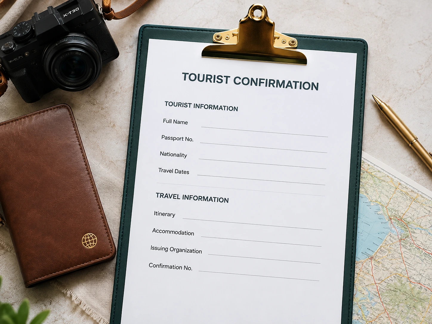 Russia tourist confirmation document with passport, camera and travel map