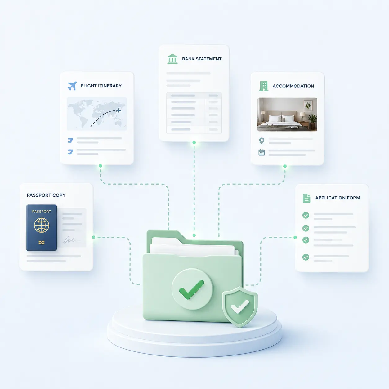 Visa documents illustration showing passport, itinerary, bank statement and application form
