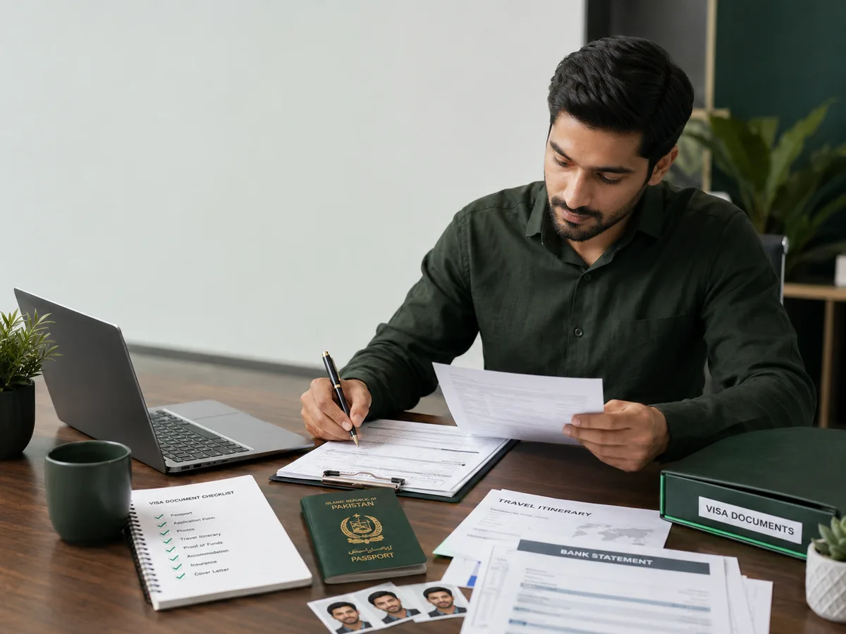 Pakistani applicant preparing required documents for a visa application