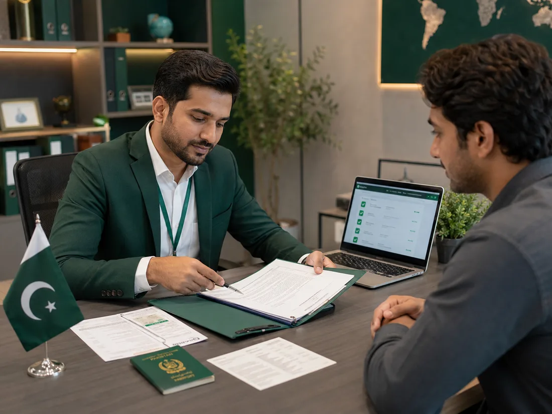 Visa consultant reviewing application documents with a Pakistani applicant