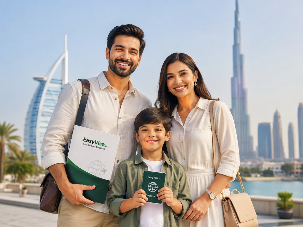 Pakistani family with EasyVisa.pk documents in Dubai near Burj Al Arab and Burj Khalifa