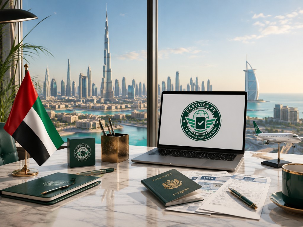 EasyVisa.pk Dubai visa consultancy desk with Dubai skyline view