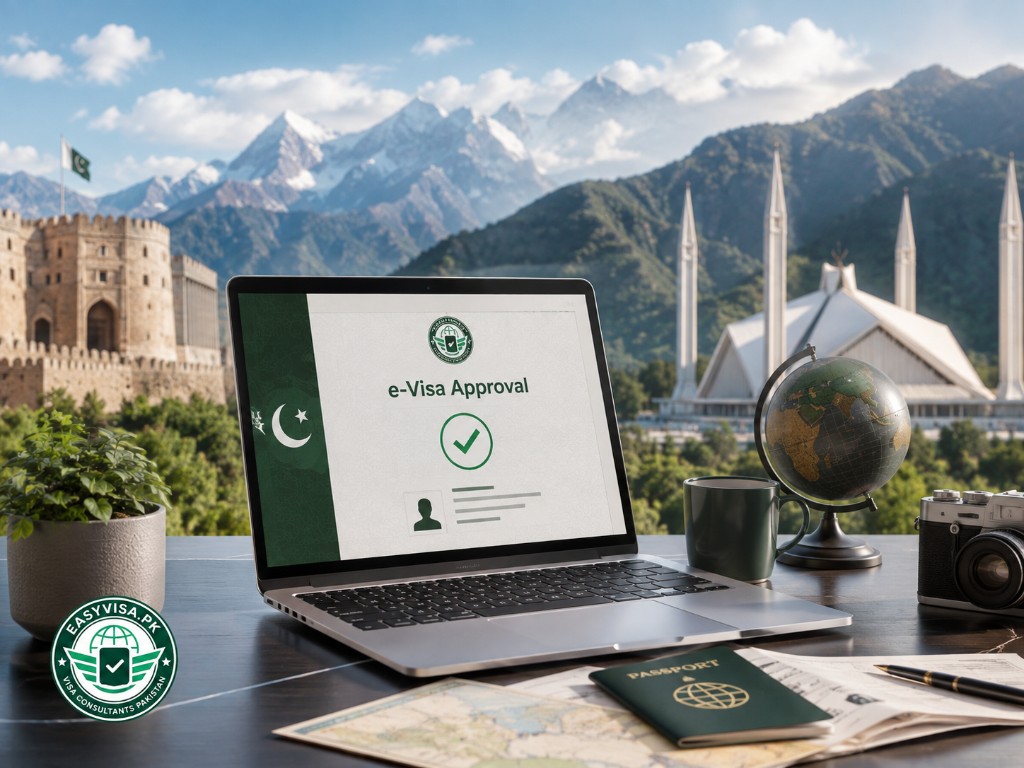 Pakistan e-Visa approval on a laptop with Pakistani landmarks, passport and travel planning desk