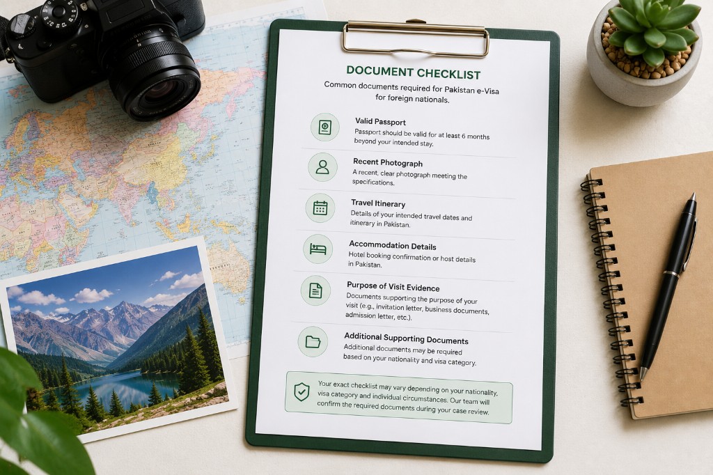 Pakistan e-Visa document checklist with passport and travel documents