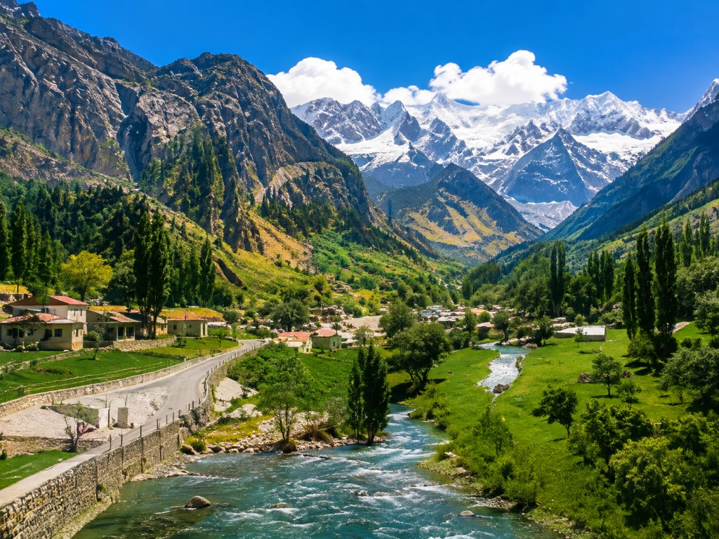 Mountain valley and snow peaks in Hunza and Gilgit-Baltistan