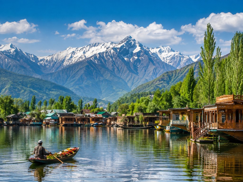Shikara with flowers on a lake in Kashmir with houseboats and mountains