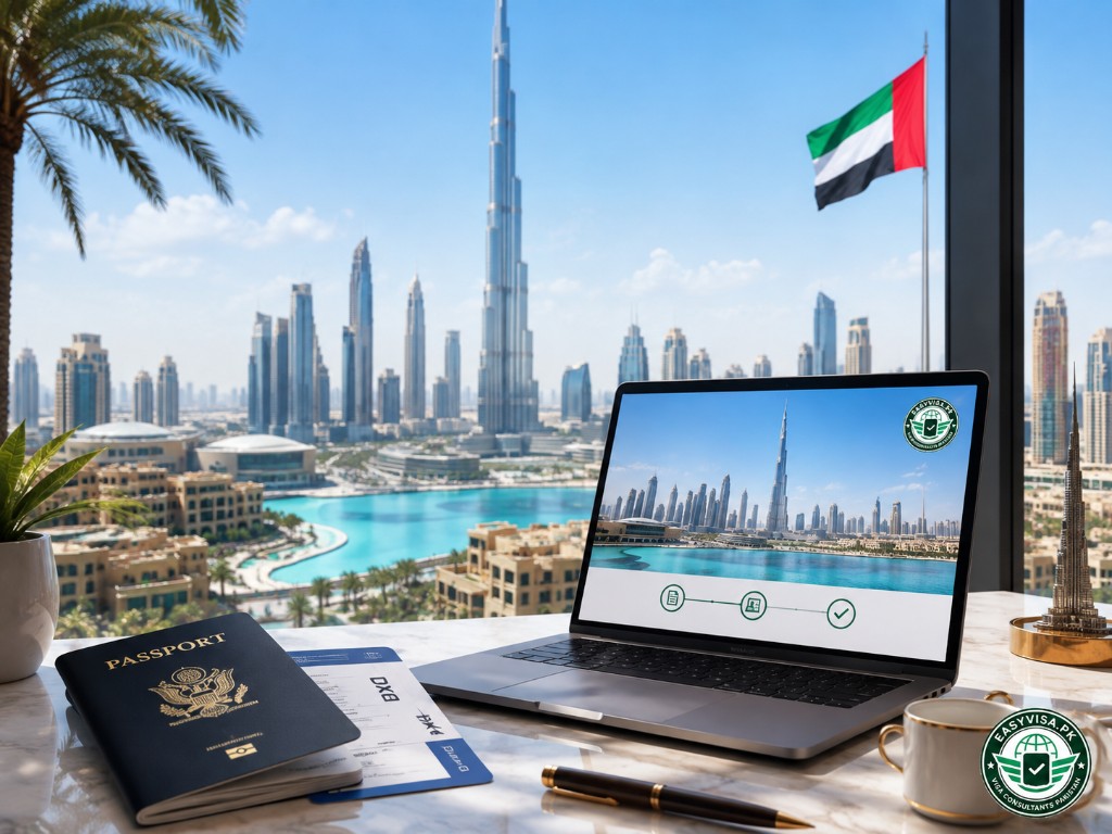 Dubai skyline with Burj Khalifa for UAE e-Visa