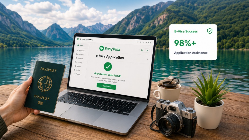 EasyVisa e-Visa application submitted on a laptop with passport overlooking a mountain lake