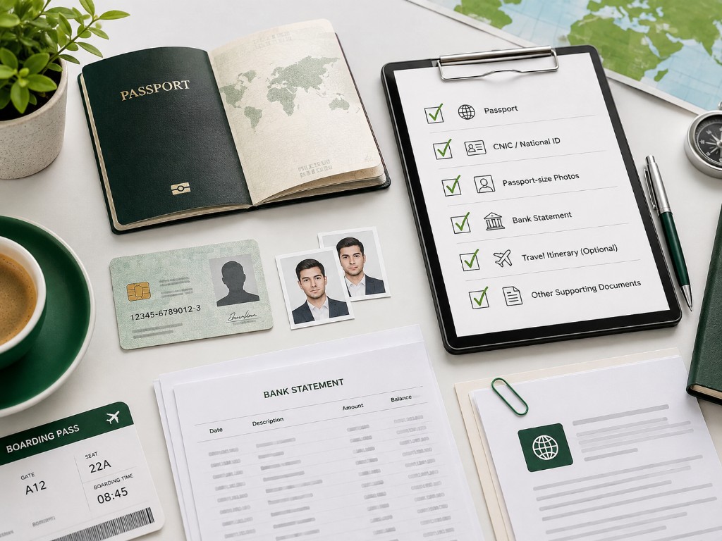 E-Visa requirements checklist with passport, CNIC, photos, bank statement and supporting documents
