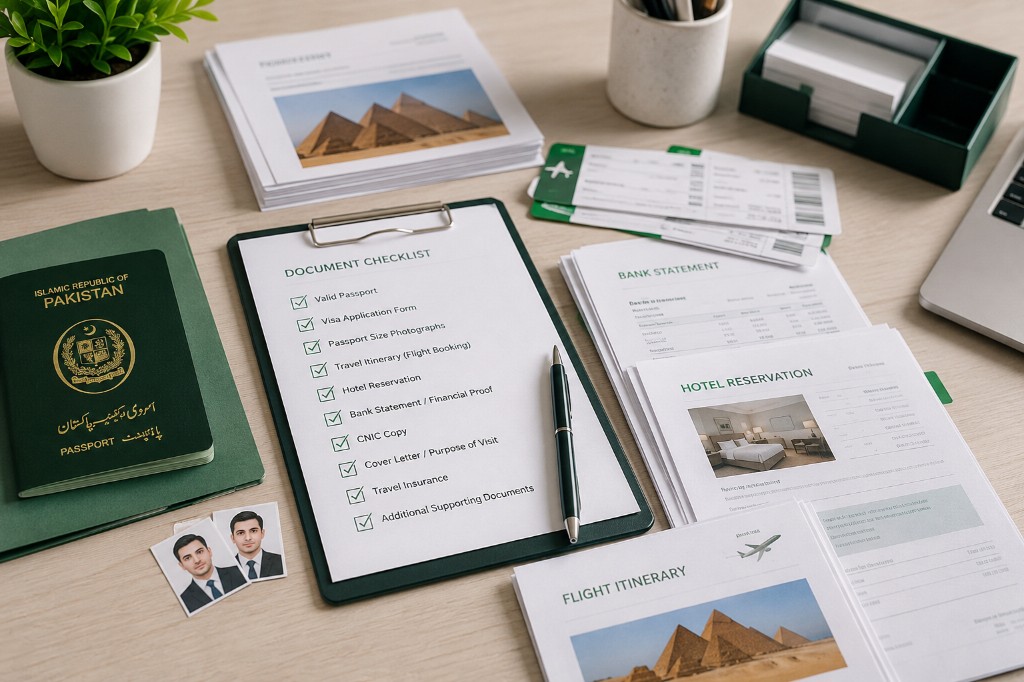 Egypt visit visa document checklist with Pakistani passport, photos, flight itinerary, hotel reservation and bank statement