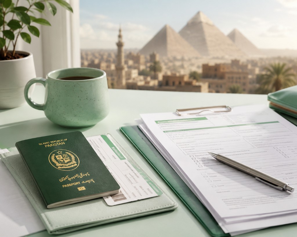 Pakistan passport and Egypt visit visa documents with pyramids in the background