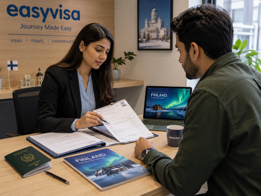 EasyVisa consultant reviewing Finland visit visa documents with a Pakistani applicant
