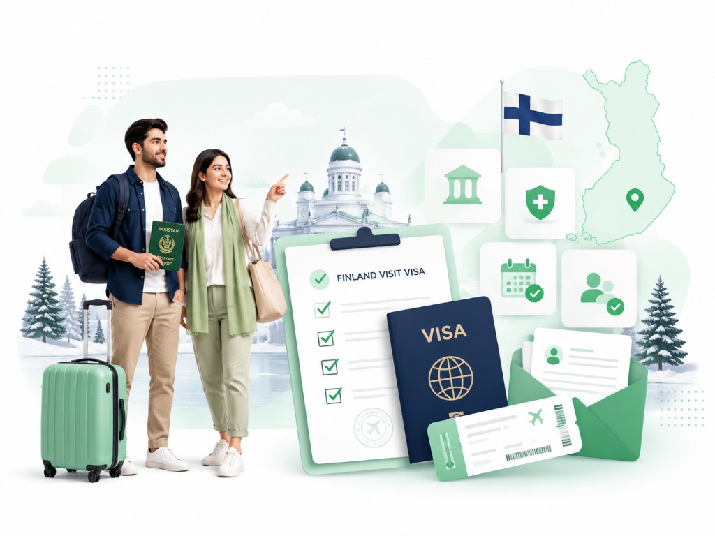 Finland visit visa checklist with Pakistani passport, travel documents, insurance and Helsinki landmarks