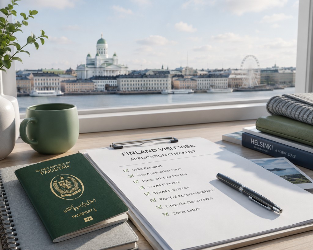 Finland visit visa checklist with Pakistani passport and Helsinki Cathedral in the background