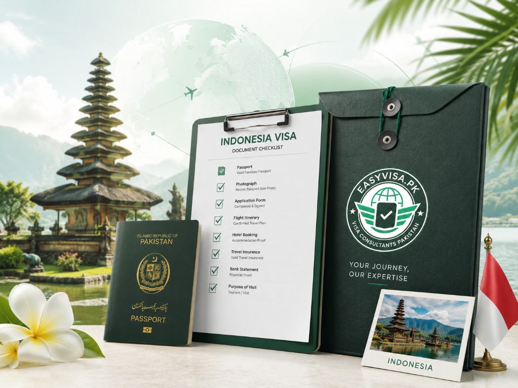 Indonesia visa document checklist with Pakistani passport and Bali temple scenery