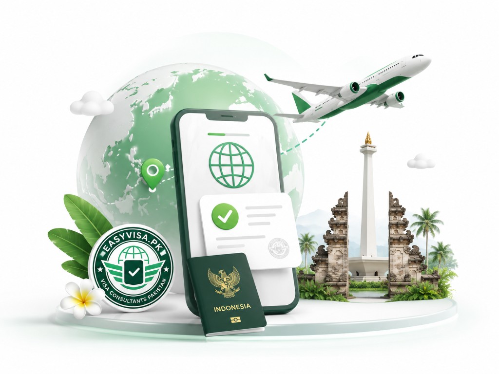 Indonesia e-VOA and eVisa digital application visual with EasyVisa.pk branding