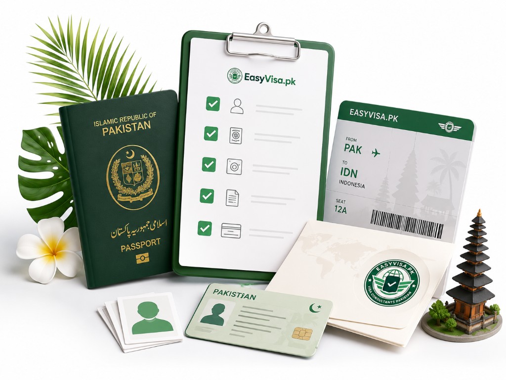 Indonesia visit visa requirements checklist with Pakistani passport and travel documents
