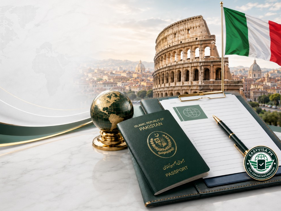 Italy visa from Pakistan — passport, documents, and Rome landmarks