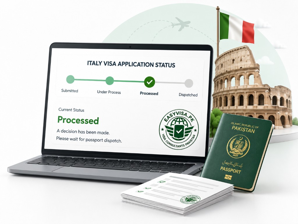 Italy visa tracking on laptop with Pakistani passport, documents, Colosseum and Italian flag