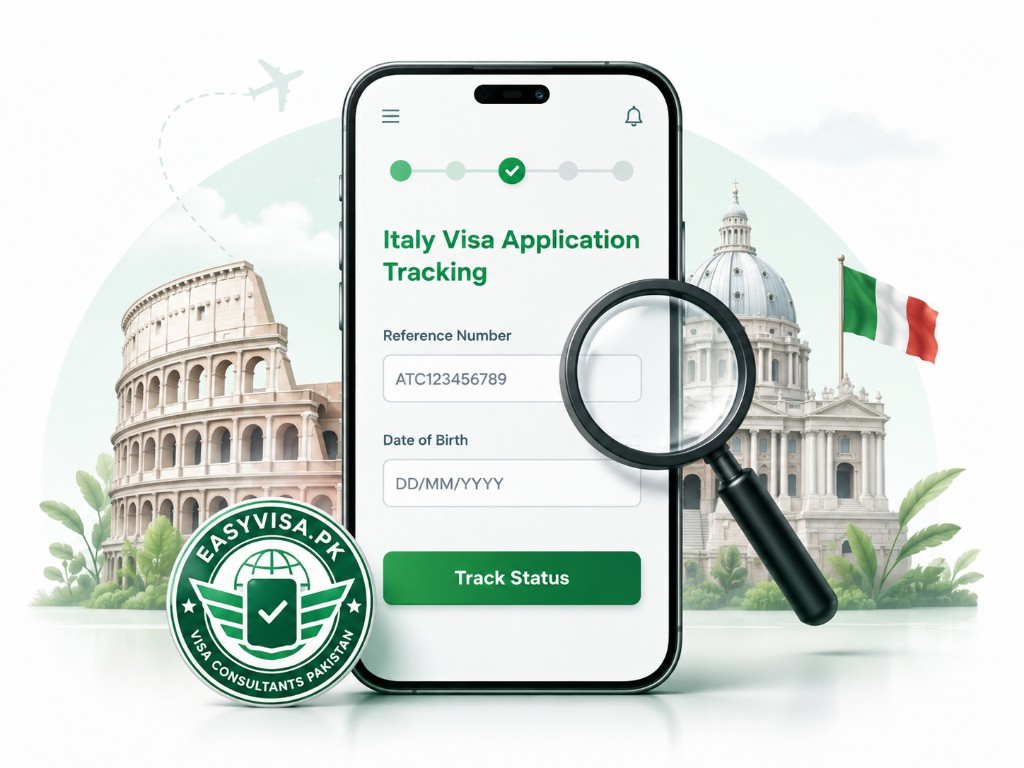 Italy visa application tracking on mobile with reference number and date of birth fields