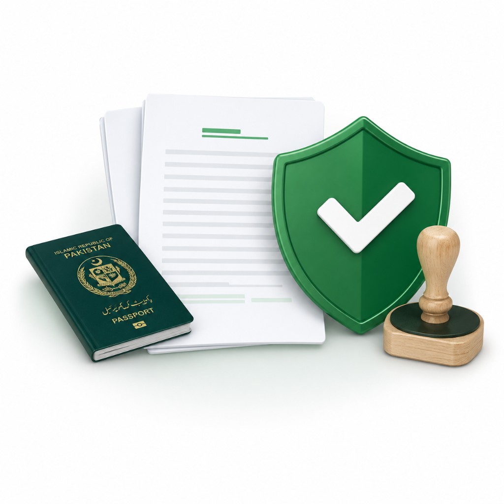 Pakistan passport, visa documents, green approval shield and official stamp