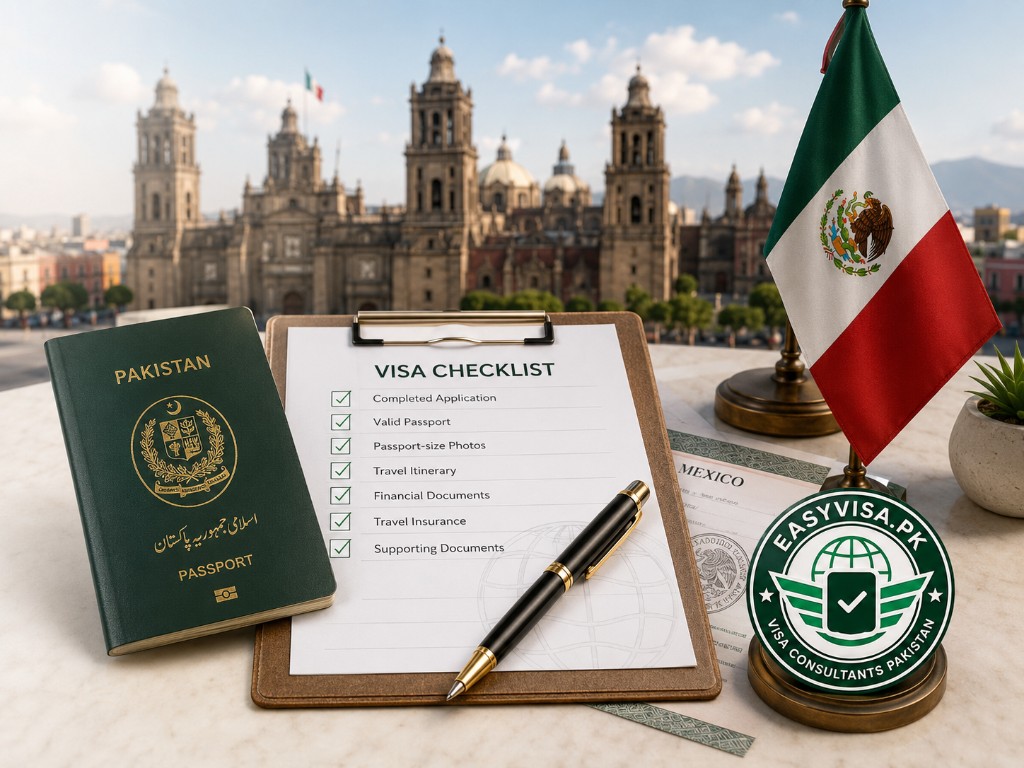 Mexico visa checklist with Pakistani passport and Mexican flag