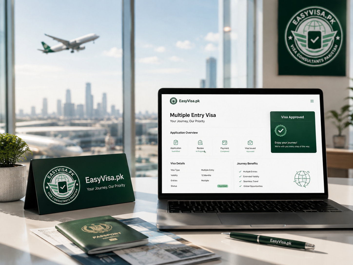 EasyVisa multiple entry visa approved on laptop with passport and city skyline view