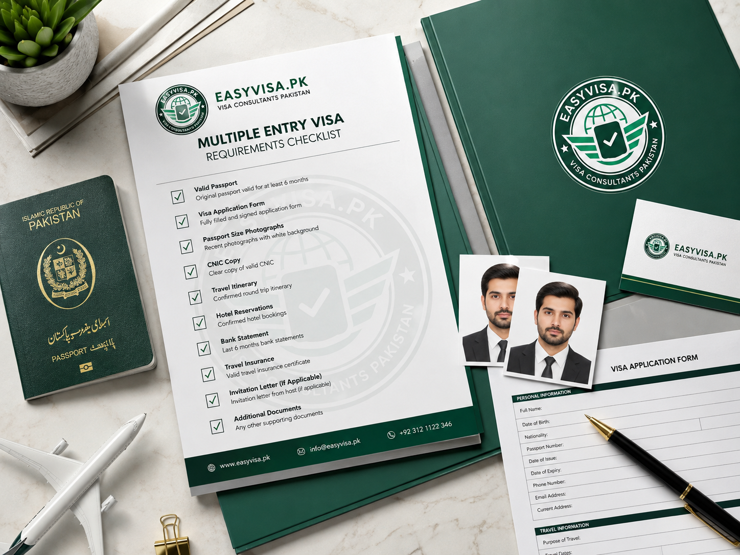 Multiple entry visa requirements checklist with Pakistani passport, photos and EasyVisa branded folder