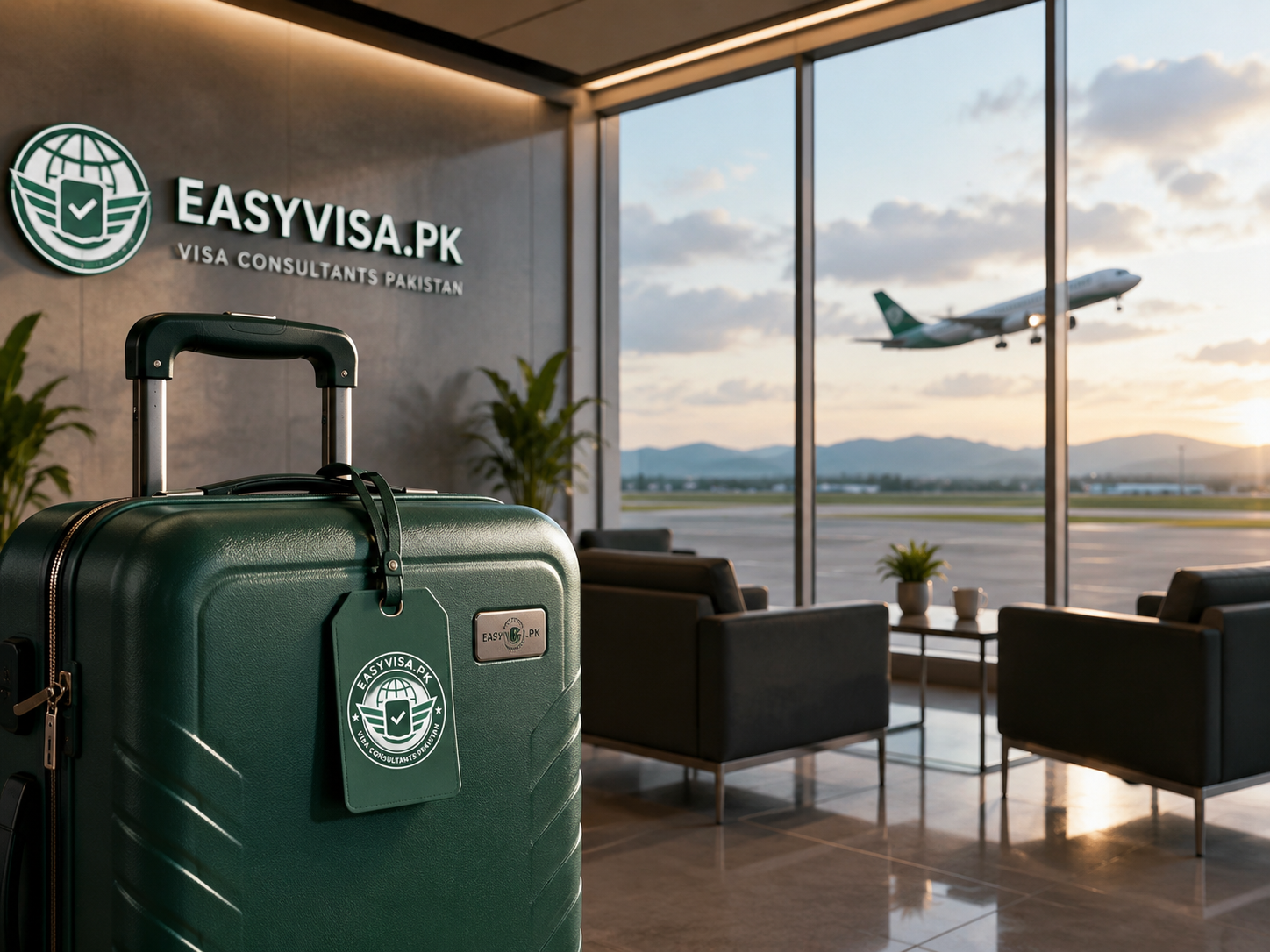 EasyVisa branded green suitcase in an airport lounge with airplane takeoff in the background