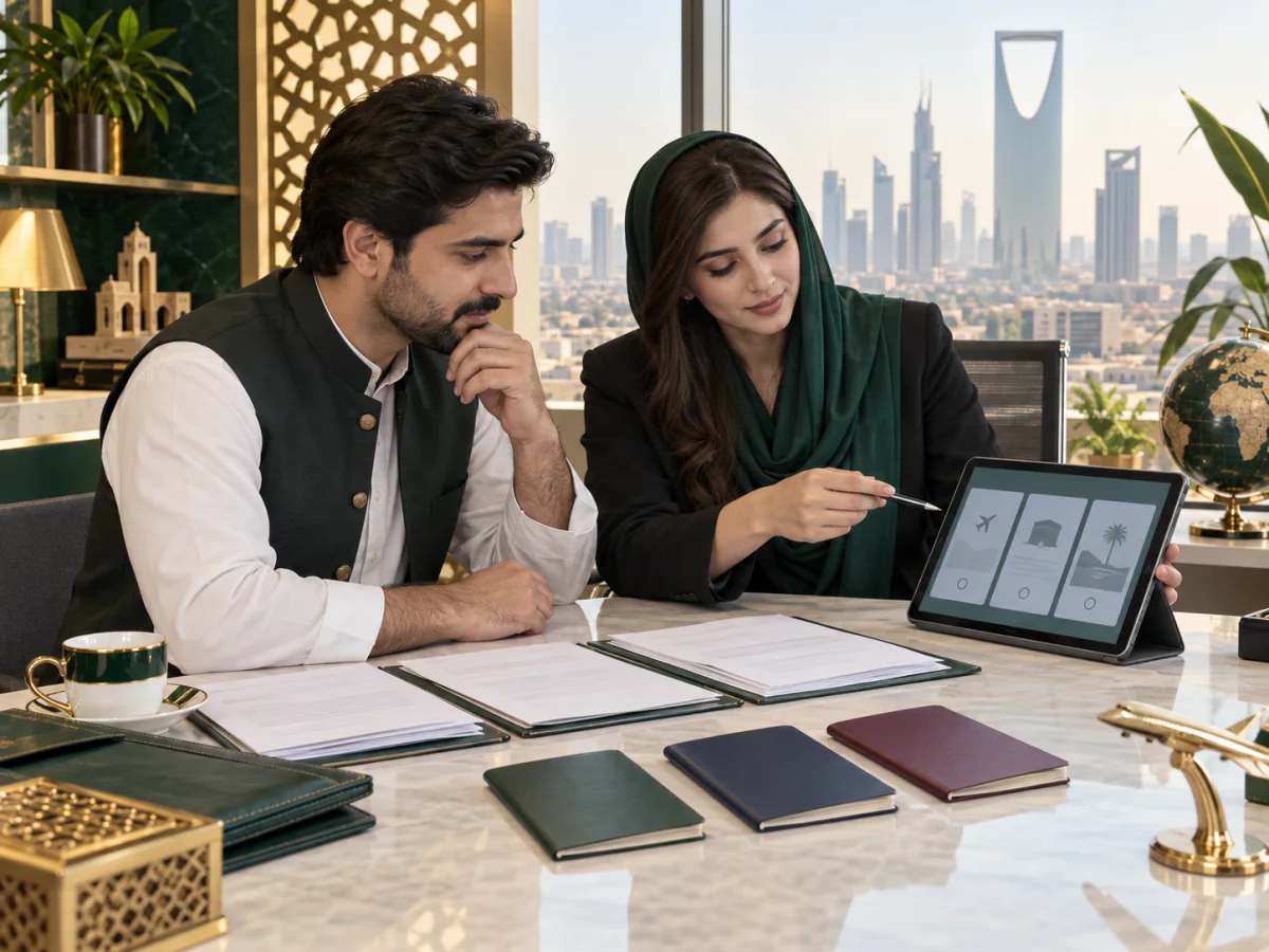 Pakistani applicant comparing Saudi visa routes with a consultant