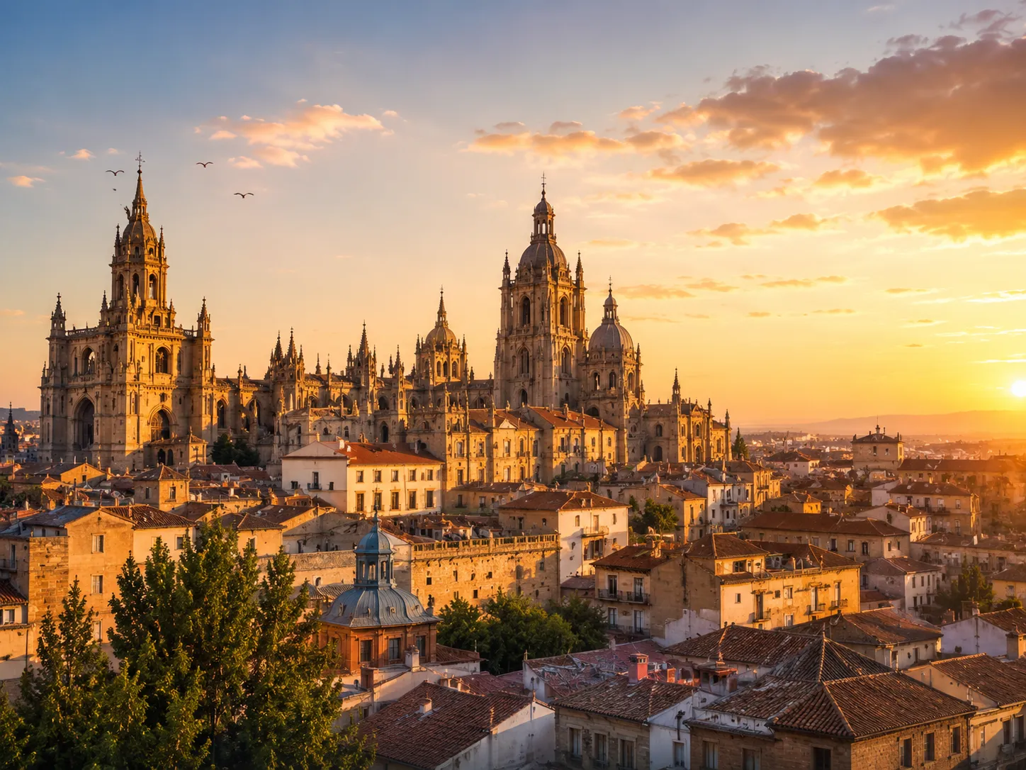 Santiago de Compostela cathedral in Spain at sunset, destination for Pakistani tourist visa applicants