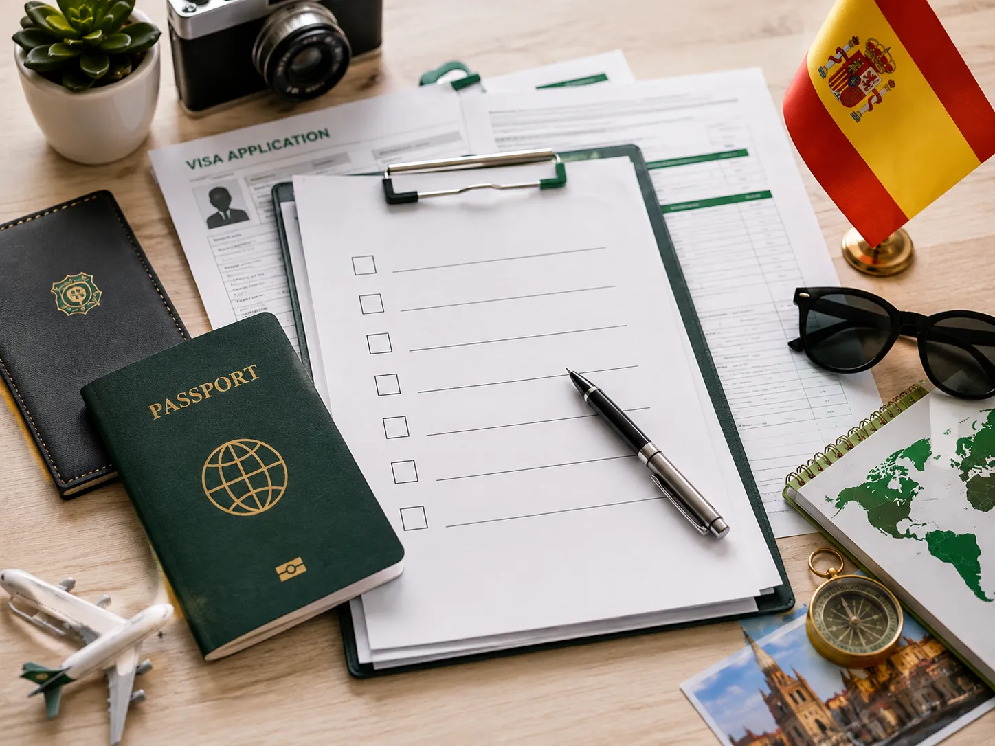 Spain tourist visa requirements checklist with Pakistani passport, Spain flag and supporting documents