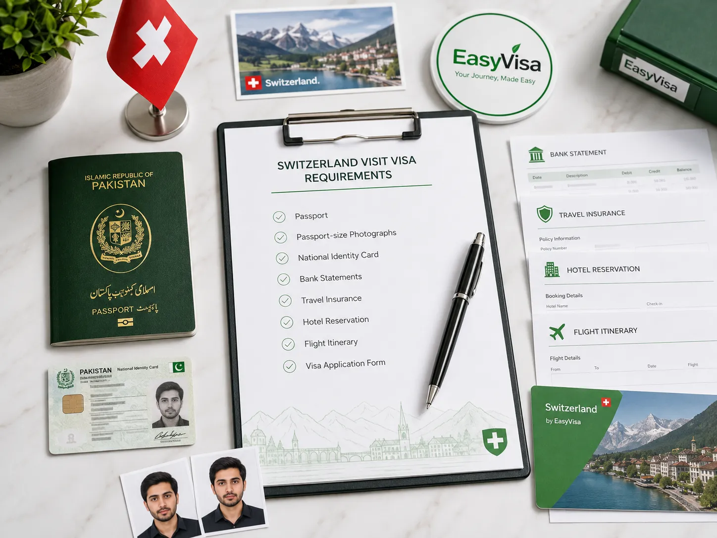 Switzerland visit visa requirements checklist with Pakistani passport and supporting documents