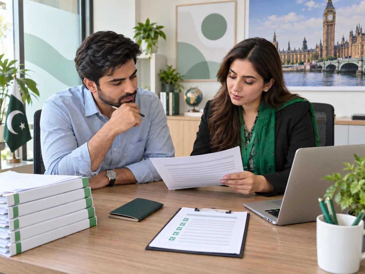 Pakistani applicant reviewing UK visit visa evidence with an EasyVisa consultant