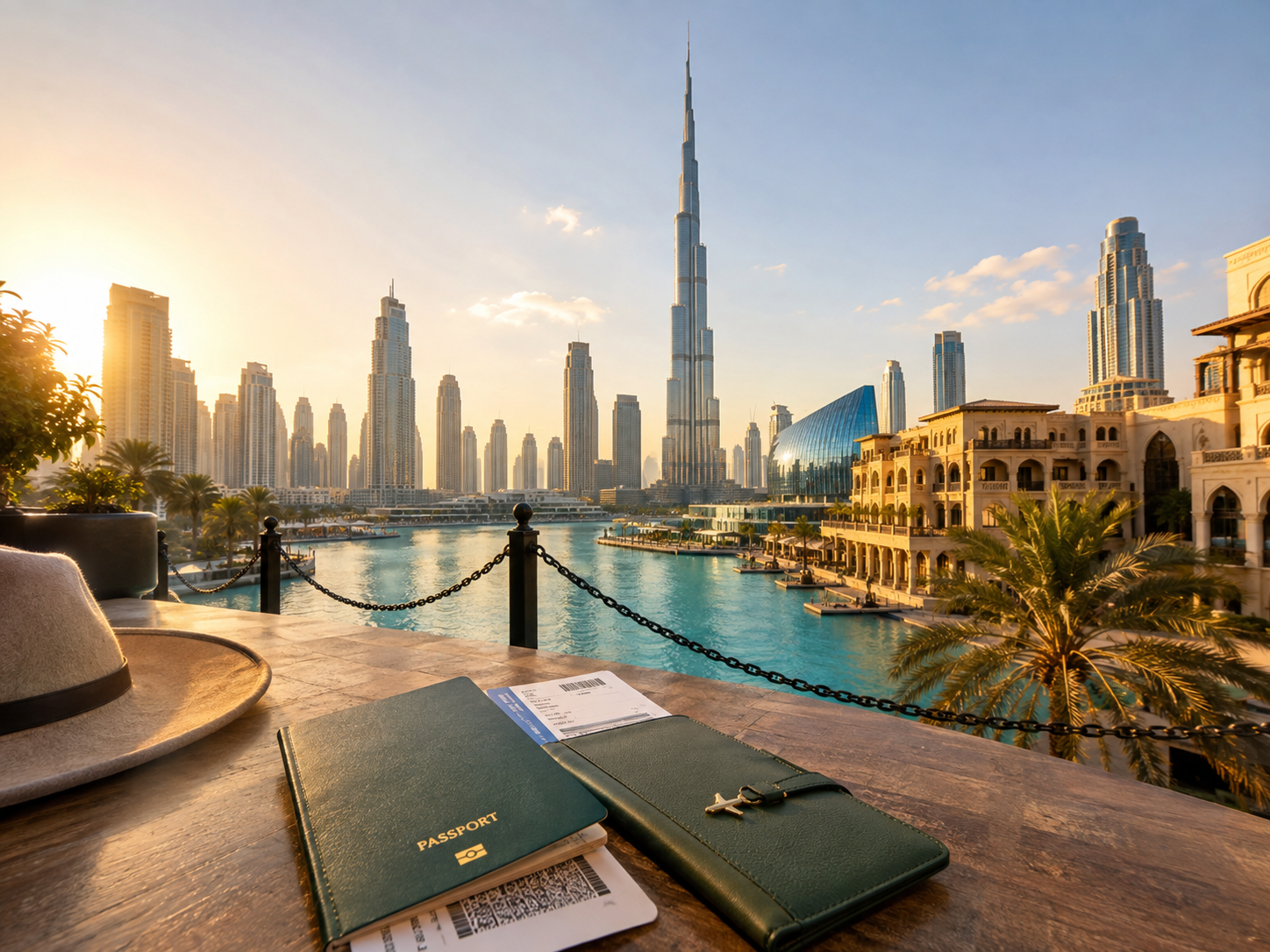 Dubai skyline with Burj Khalifa and travel documents for a world tour visa stop